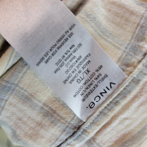 Vince Shirt Mens XL Yellow Gray Button Up Short Sleeve Plaid Linen Classic Fit - Picture 8 of 8